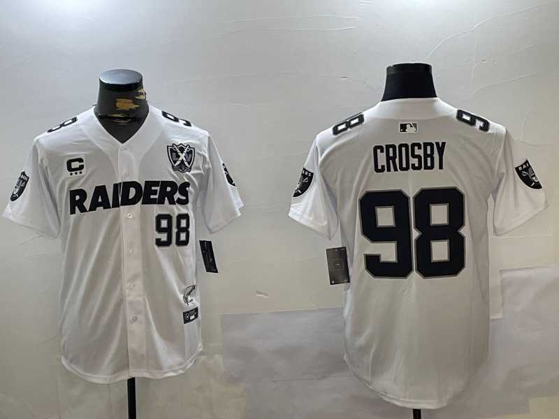 Men%27s Las Vegas Raiders #98 Maxx Crosby White Nevada Silver State And 65th Patch Stitched Baseball Jersey->las vegas raiders->NFL Jersey